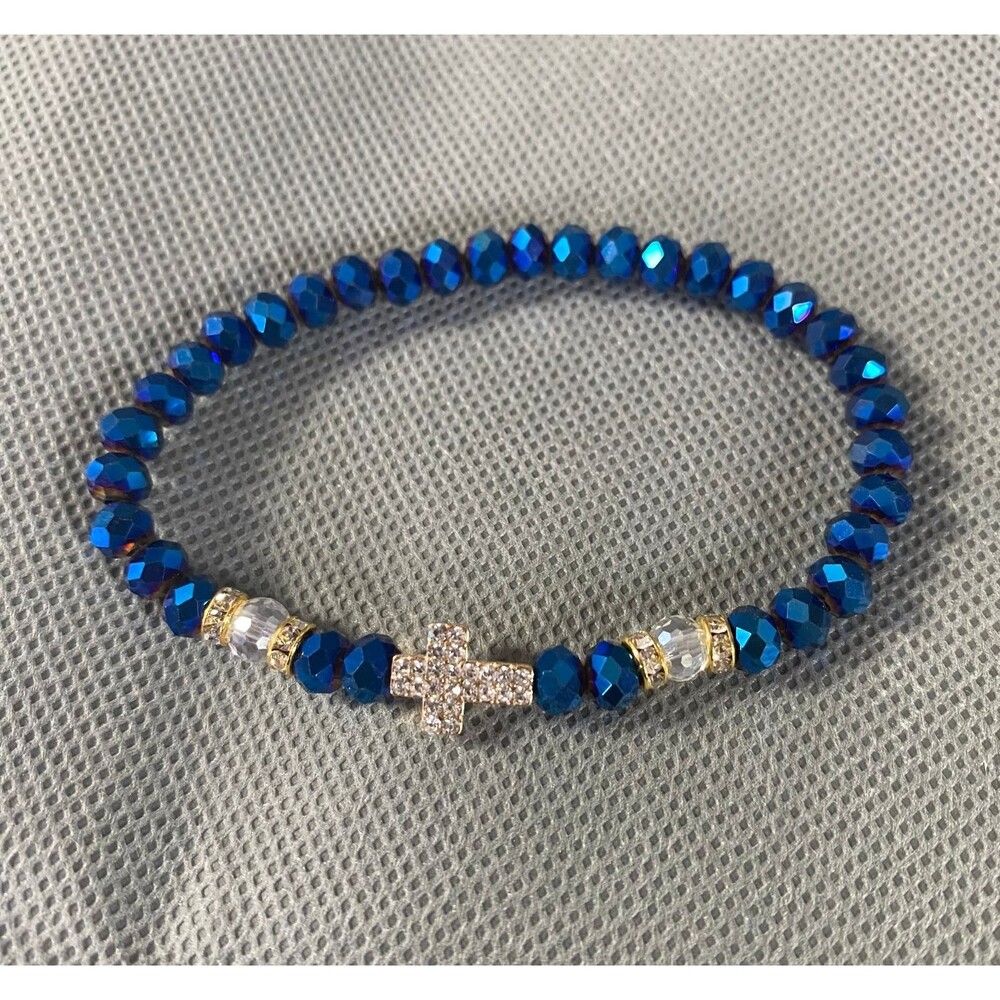 Metallic Iridescent Blue Cross Charm Bracelet Octagon Beads Multicolor Stretch - Picture 3 of 8